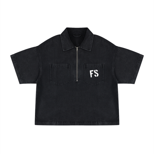 Unisex Vintage Wash Boxy Quarter-Zip Denim Shirt