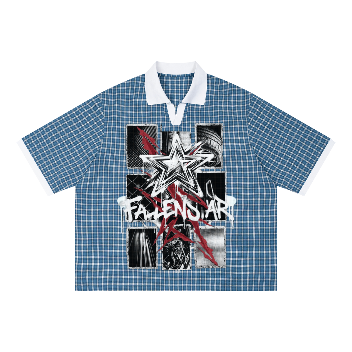 fallenstar Unisex Boxy Plaid Color Block Polo Shirt