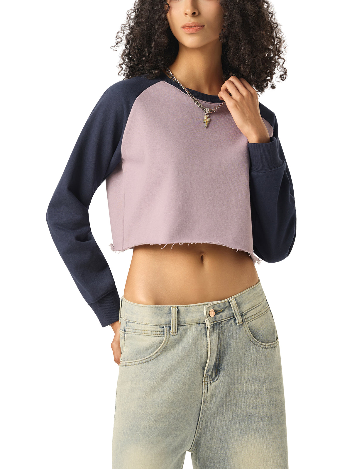 Raw-Hem Color-Block Raglan Crop Sweatshirt