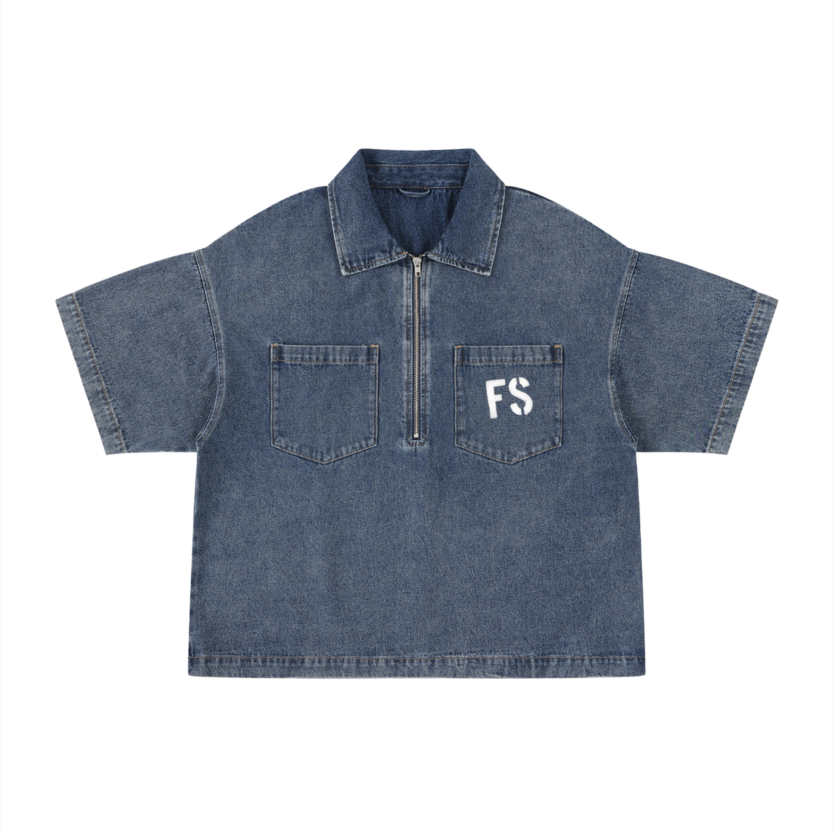 Unisex Vintage Wash Boxy Quarter-Zip Denim Shirt