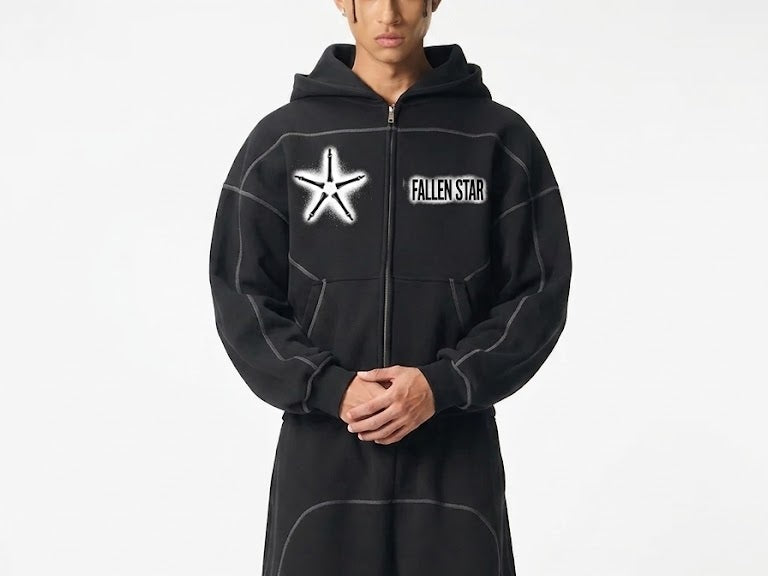 fallenstar Contrast-Stitched Boxy Fleece Zip Hoodie