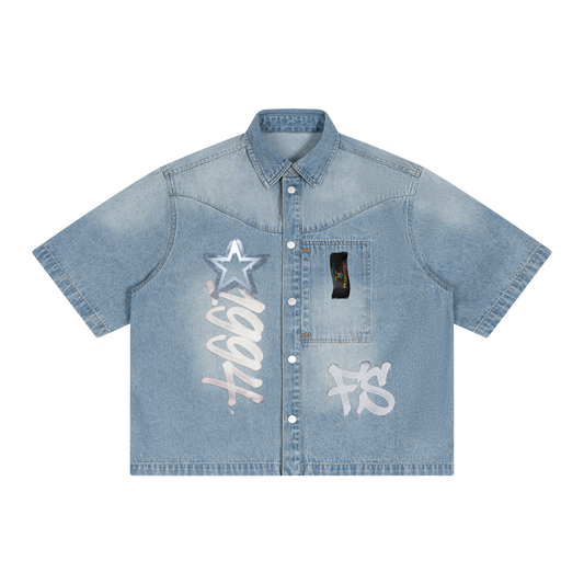 FALLENSTAR Unisex Vintage Wash Boxy Short Denim Shirt