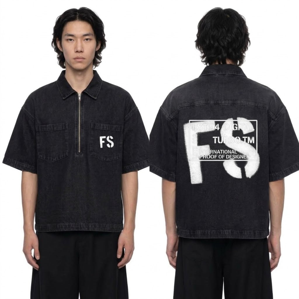 Unisex Vintage Wash Boxy Quarter-Zip Denim Shirt