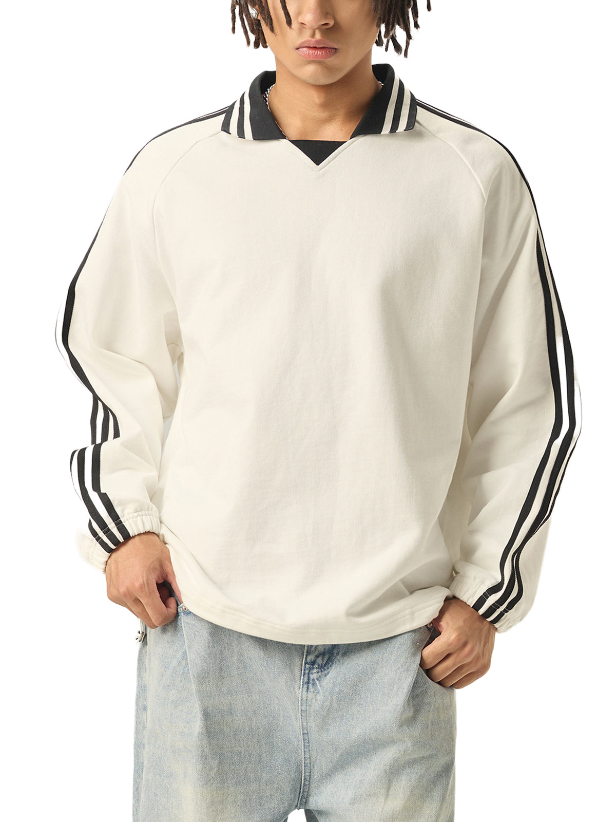 Contrast Striped Lapel Collar Sweatshirt