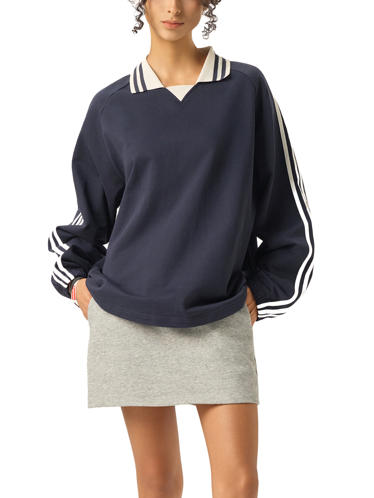 Contrast Striped Lapel Collar Sweatshirt