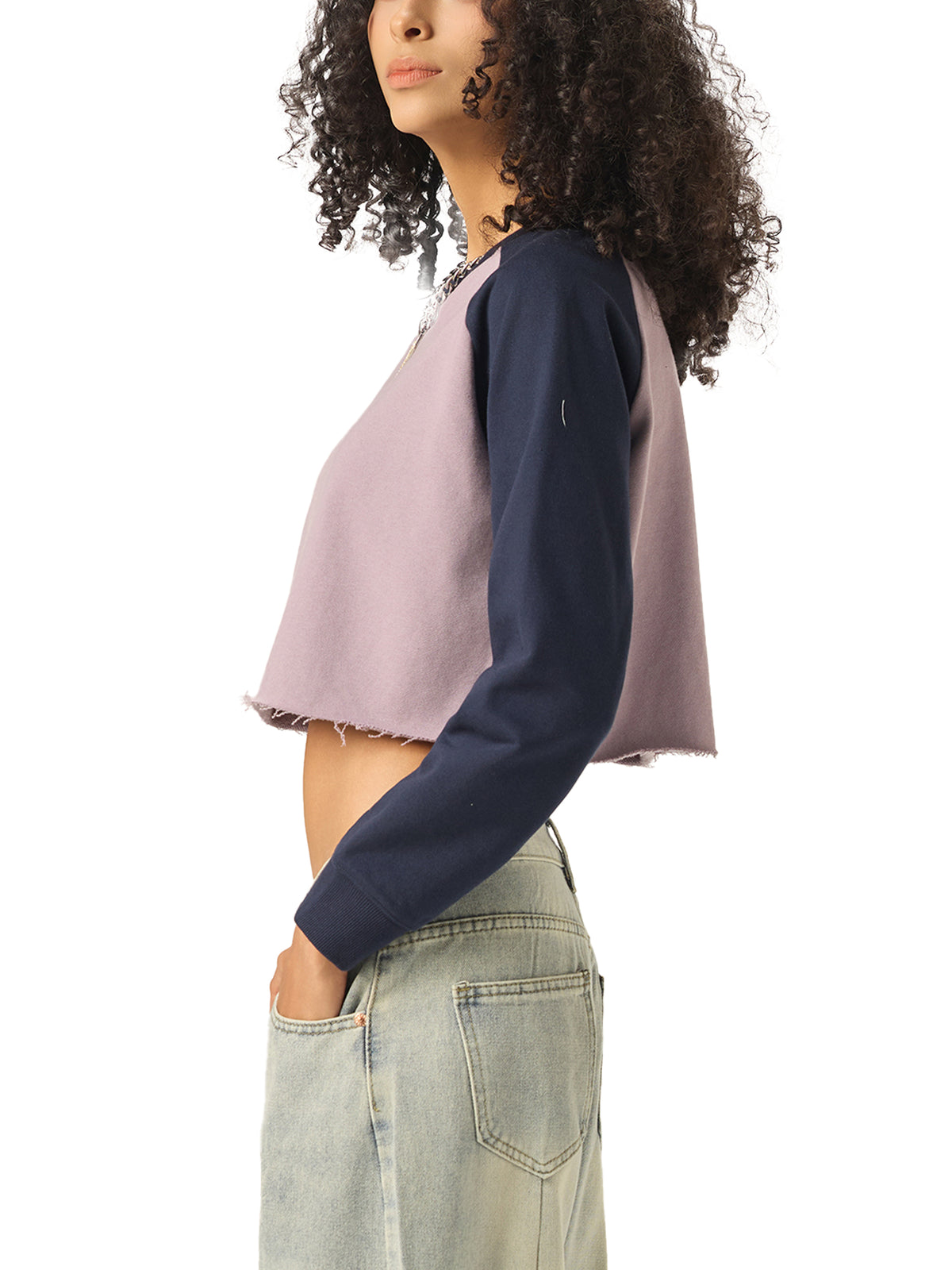 Raw-Hem Color-Block Raglan Crop Sweatshirt