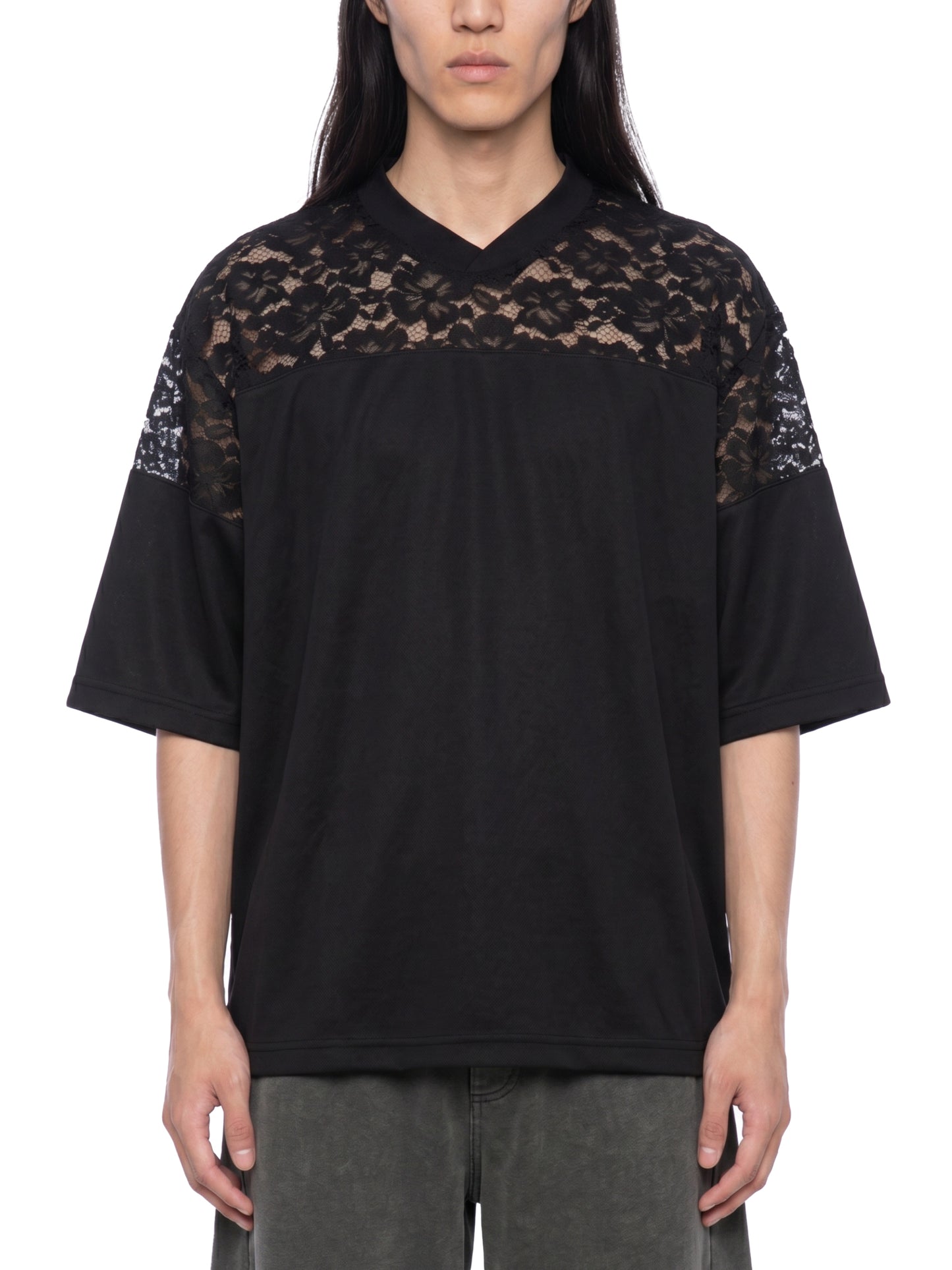 Unisex Lace Paneling V-Neck T-Shirt