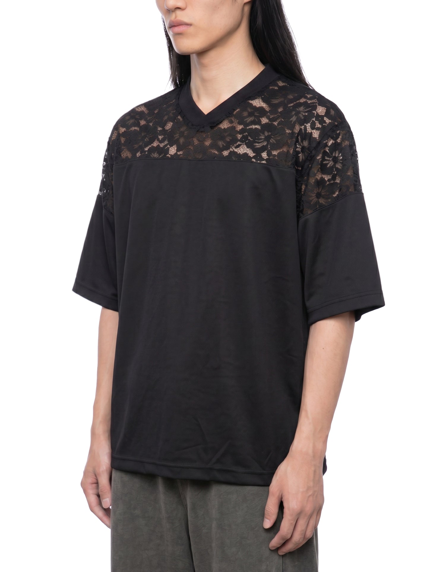 Unisex Lace Paneling V-Neck T-Shirt