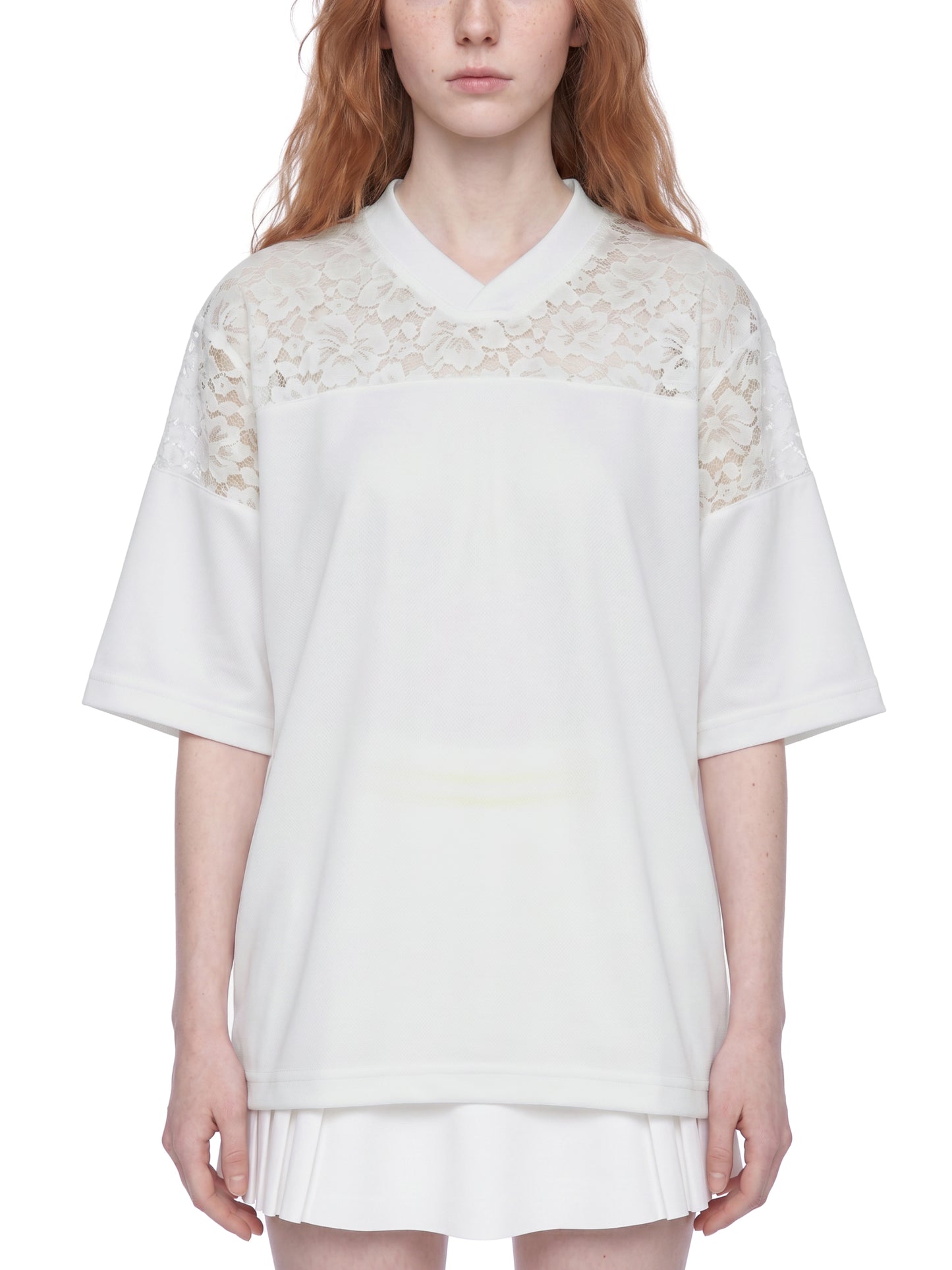 Unisex Lace Paneling V-Neck T-Shirt