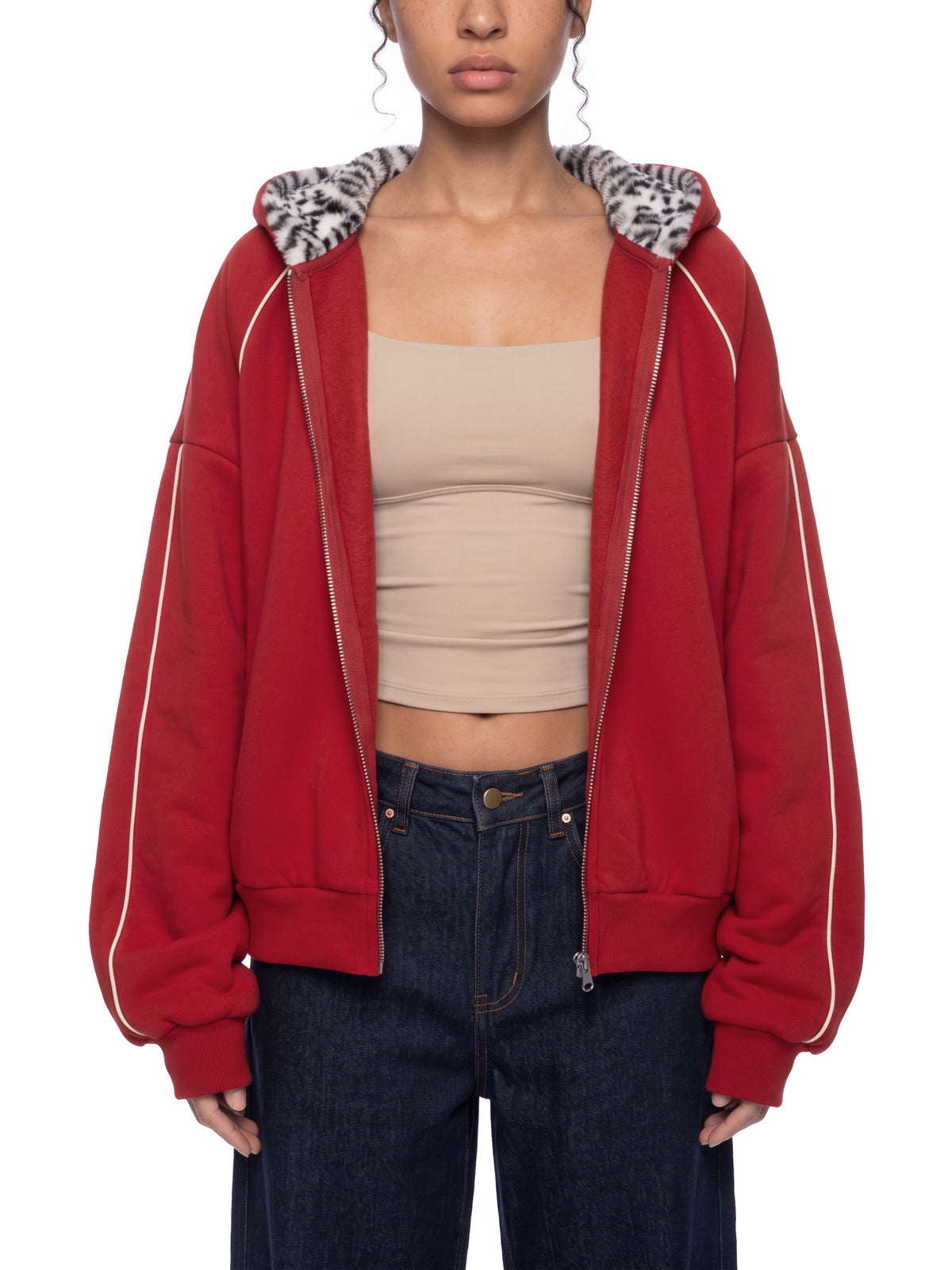Unisex Boxy Fleece Piping Full Zip Hoodie